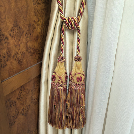 2 Packs Vintage Gold & Burgundy Double Tassel Curtain Tieback, 30 in – Handcrafted Decorative Rope Holdback for Drapes and Classic Home Décor E2556