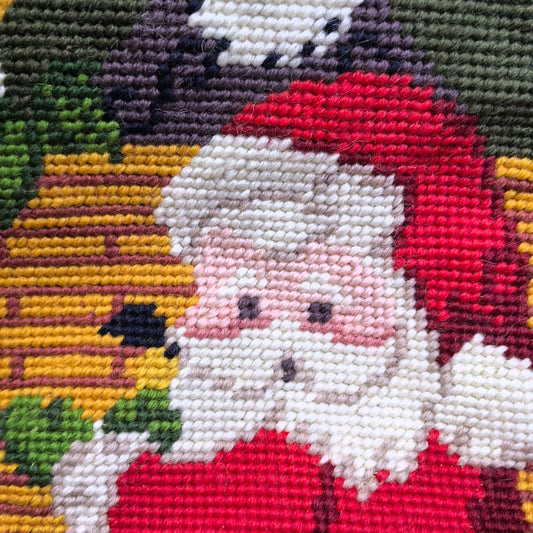 Hand-Embroidered Christmas Stocking, 18” × 7” – Vintage Needlepoint Santa Stocking for Holiday Décor, Fireplace Mantel & Gift Giving