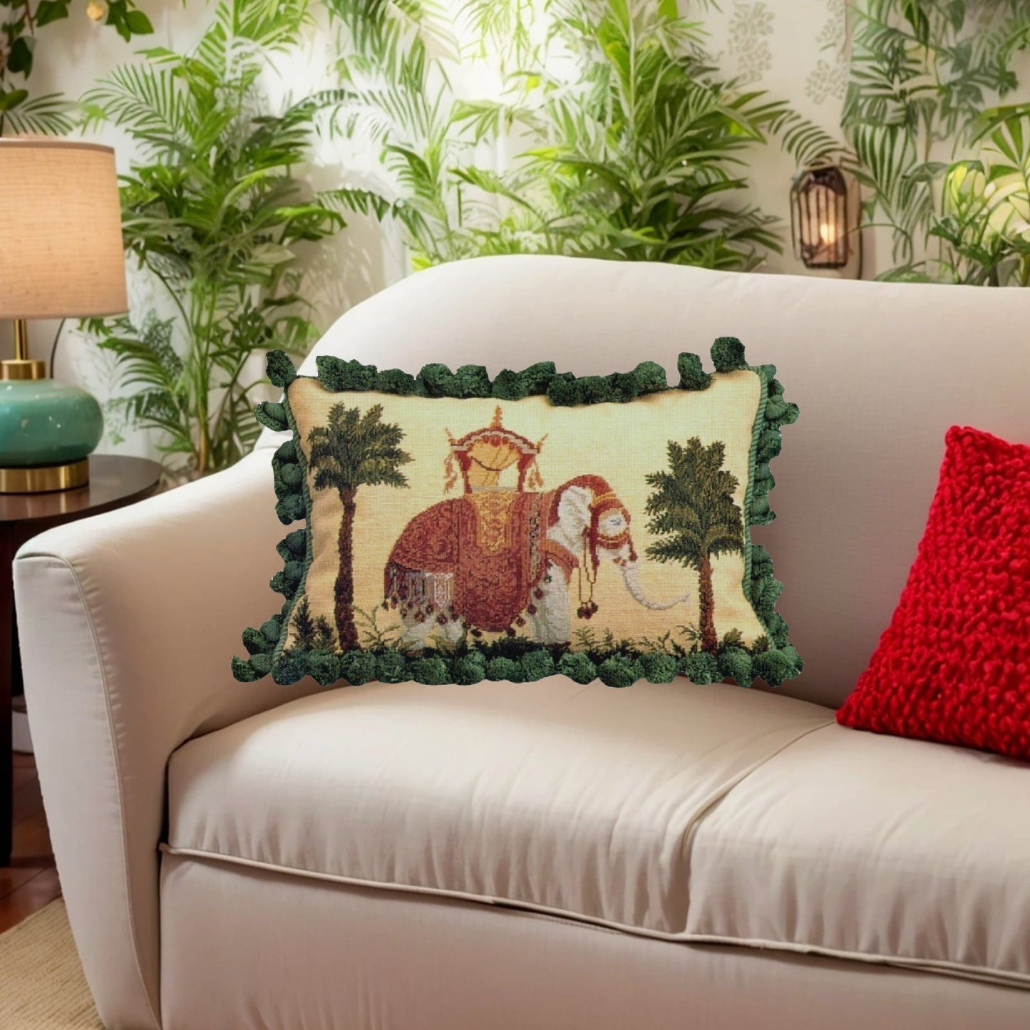 Handmade Wool Needlepoint Pillow Cover - Decorative Throw Cushion Cover - Vintage Floral Embroidery Design Raj Elephant with solid dark green tassel