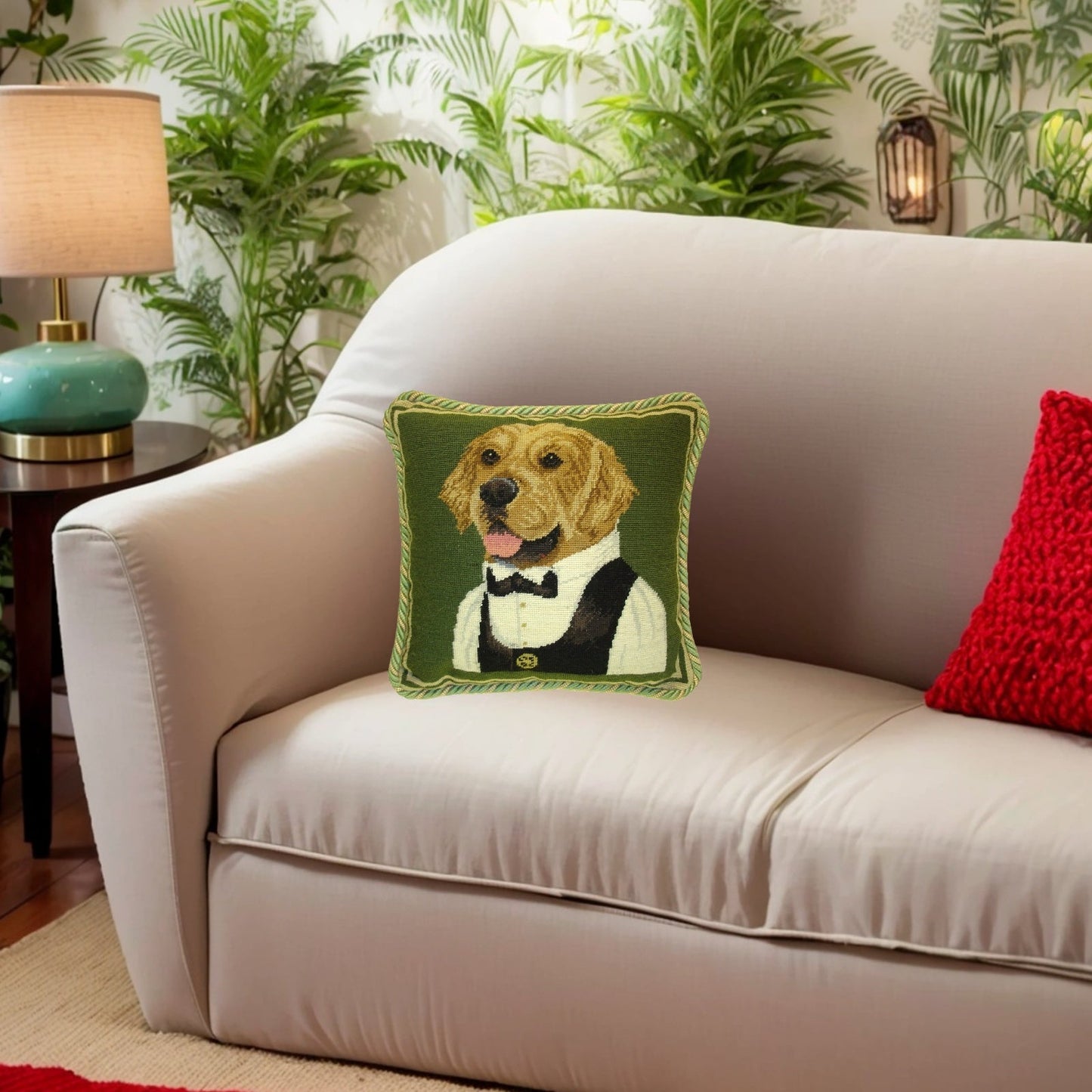 Handmade Wool Needlepoint Pillow Cover - Decorative Throw Cushion Cover - Vintage Floral Embroidery Design  Waiter Retriever with 2 color cording