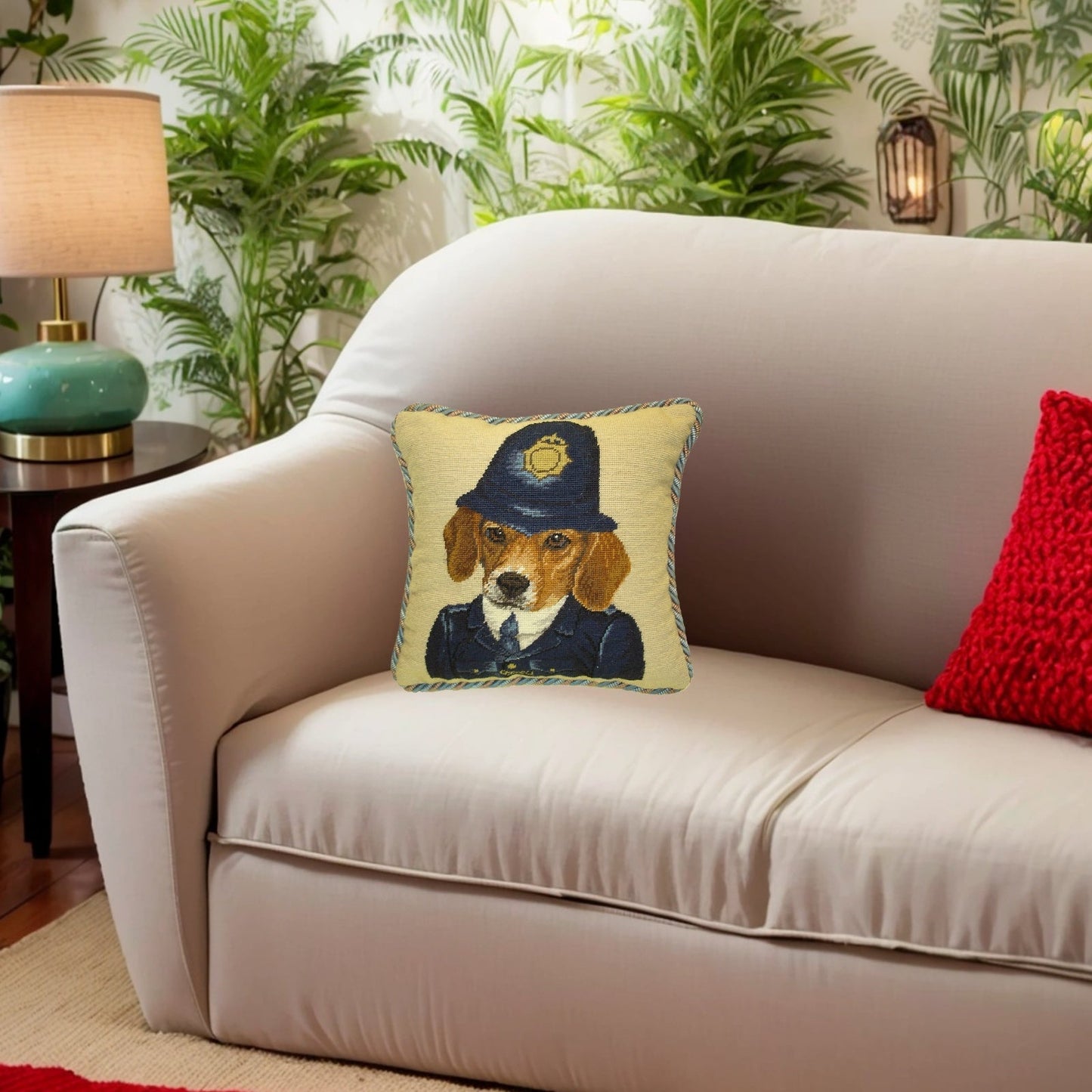 Handmade Wool Needlepoint Pillow Cover - Decorative Throw Cushion Cover - Vintage Floral Embroidery Design  Bobby Beagle with 2 color cording