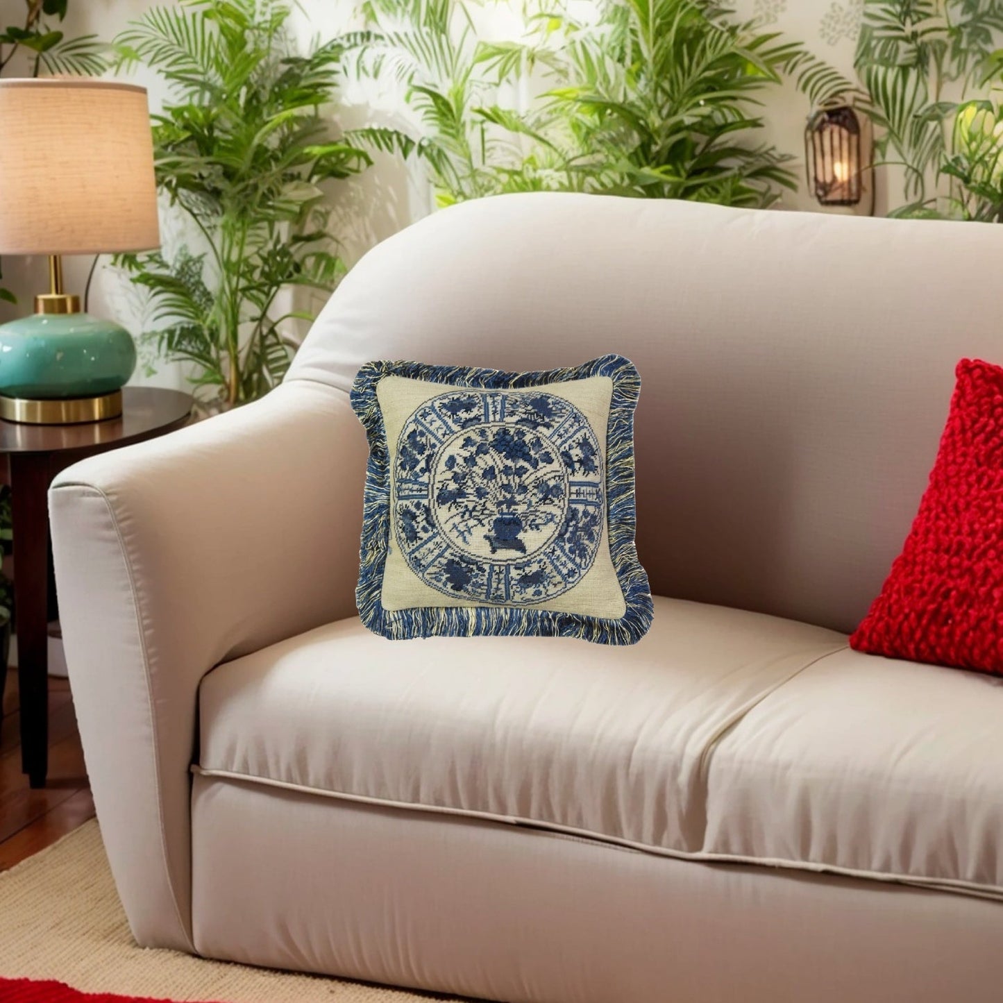 Handmade Wool Needlepoint Pillow Cover - Decorative Throw Cushion Cover - Vintage Floral Embroidery Design blue/white 8 Imari with 2 color bush tassel