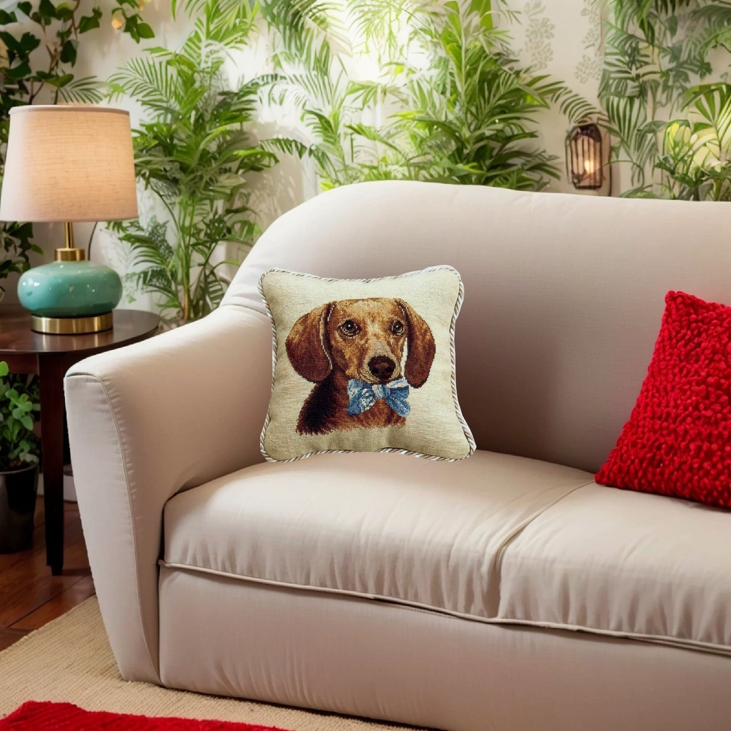 Handmade Wool Needlepoint Pillow Cover - Decorative Throw Cushion Cover - Vintage Floral Embroidery Design Dachsund with 2 color cording