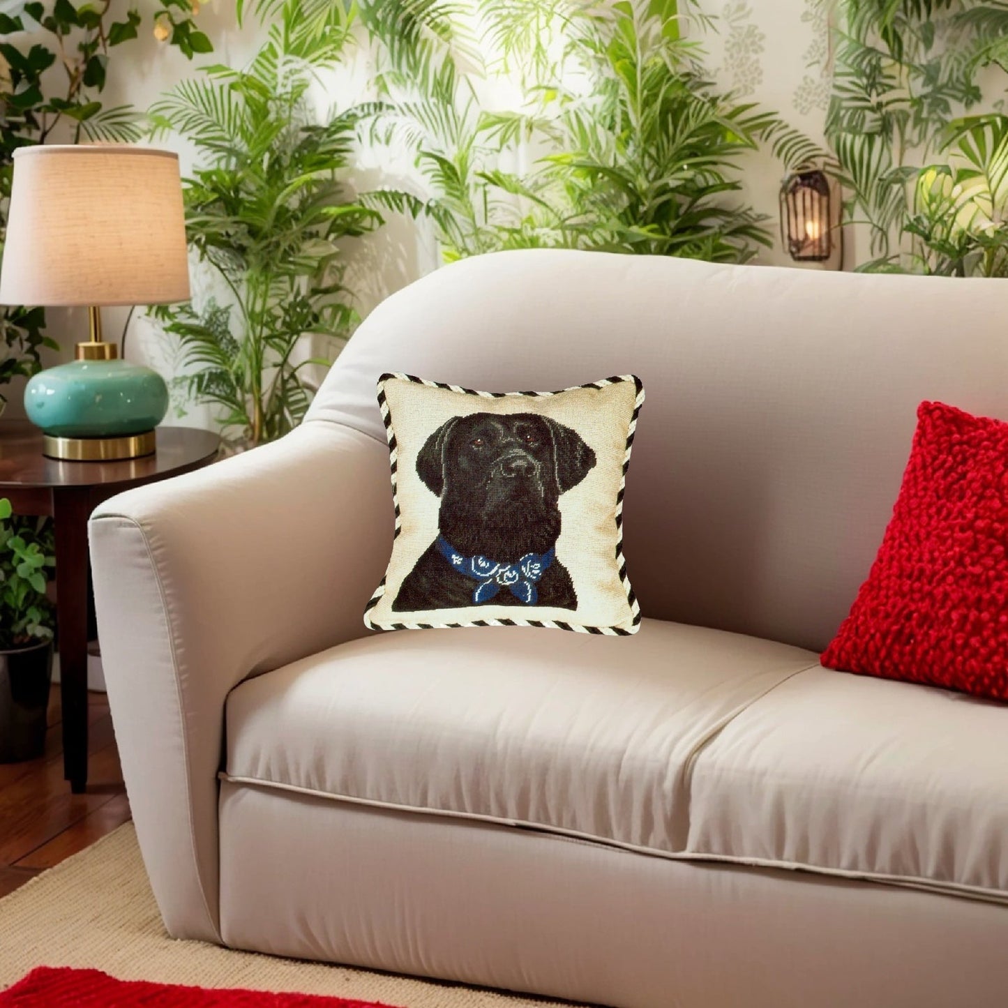 Handmade Wool Needlepoint Pillow Cover - Decorative Throw Cushion Cover - Vintage Floral Embroidery Design black Lab with 2 color cording