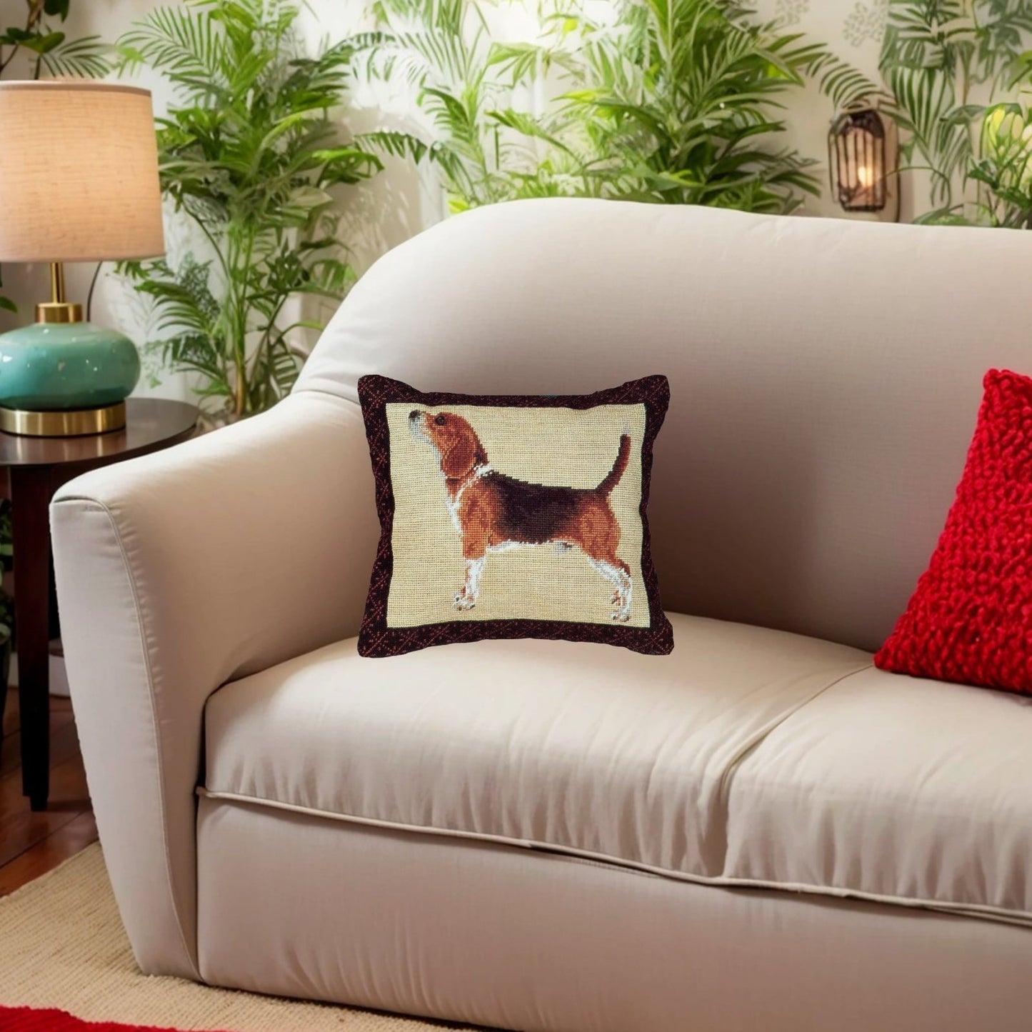 Handmade Wool Needlepoint Pillow Cover - Decorative Throw Cushion Cover - Vintage Floral Embroidery Design  Beagle