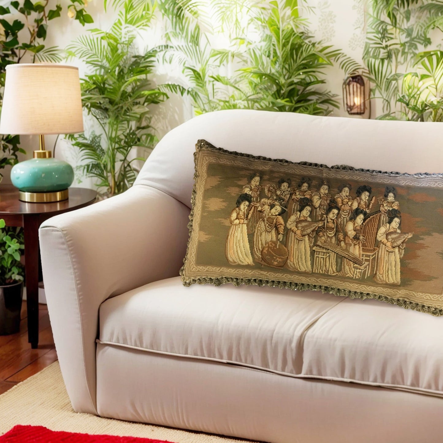 Handmade Wool Needlepoint Pillow Cover - Decorative Throw Cushion Cover - Vintage Floral Embroidery Design musician ladies from China old silk road painting with tassels 1