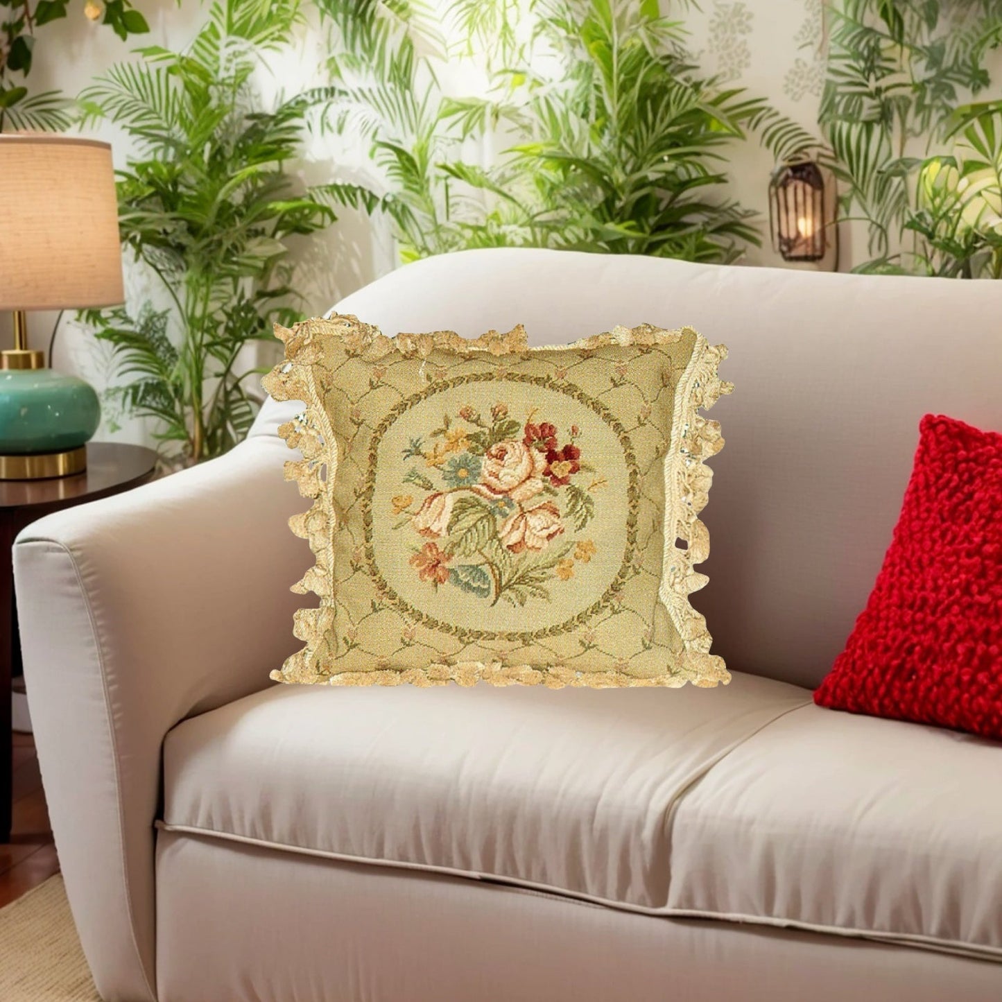 Handmade Wool Needlepoint Pillow Cover - Decorative Throw Cushion Cover - Vintage Floral Embroidery Design  floral in small leave circle with tassel