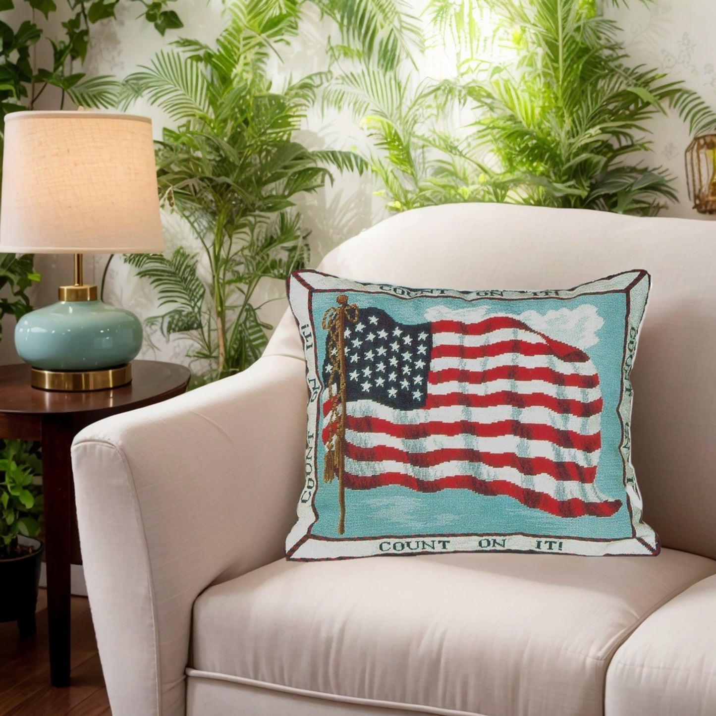 Handmade Wool Needlepoint Pillow Cover - Decorative Throw Cushion Cover - Vintage Floral Embroidery Design  USA flag withCount On It