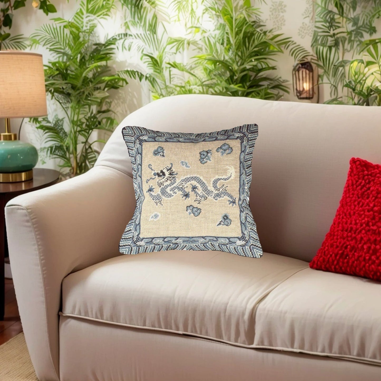 Handmade Wool Needlepoint Pillow Cover - Decorative Throw Cushion Cover - Vintage Floral Embroidery Design  blue/white Dragon