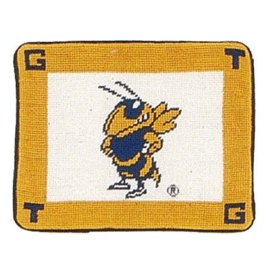 Handmade Wool Needlepoint Pillow Cover - Decorative Throw Cushion Cover - Vintage Floral Embroidery Design Georgia Institute of Technology Yellow Jackets