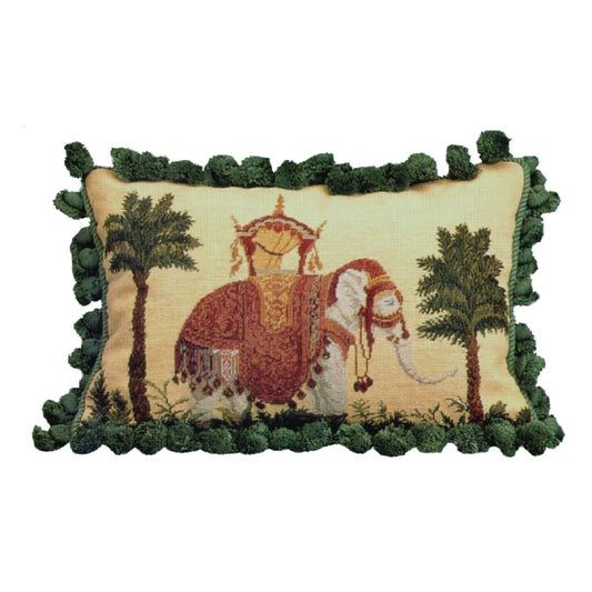 Handmade Wool Needlepoint Pillow Cover - Decorative Throw Cushion Cover - Vintage Floral Embroidery Design Raj Elephant with solid dark green tassel
