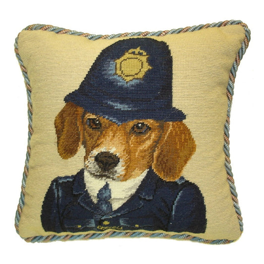 Handmade Wool Needlepoint Pillow Cover - Decorative Throw Cushion Cover - Vintage Floral Embroidery Design  Bobby Beagle with 2 color cording