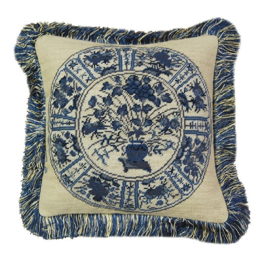 Handmade Wool Needlepoint Pillow Cover - Decorative Throw Cushion Cover - Vintage Floral Embroidery Design  blue/white 8 Imari with 2 color bush tassel