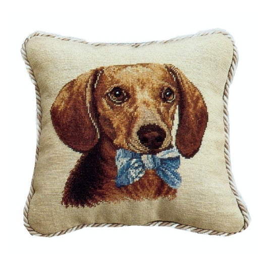 Handmade Wool Needlepoint Pillow Cover - Decorative Throw Cushion Cover - Vintage Floral Embroidery Design  Dachsund with 2 color cording