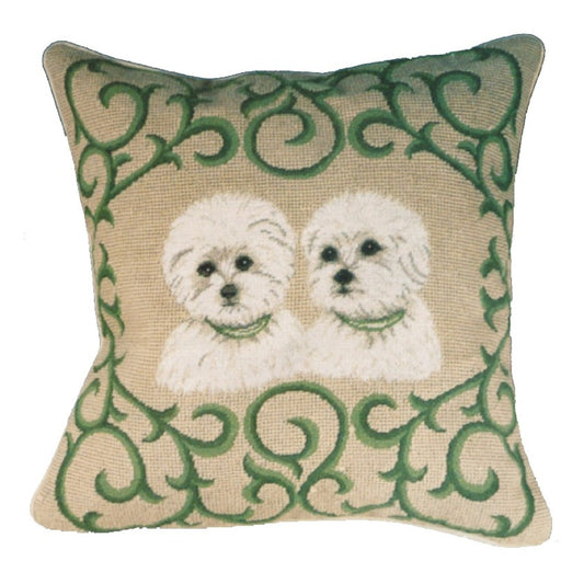 Handmade Wool Needlepoint Pillow Cover - Decorative Throw Cushion Cover - Vintage Floral Embroidery Design  twin Westie in green leave frame