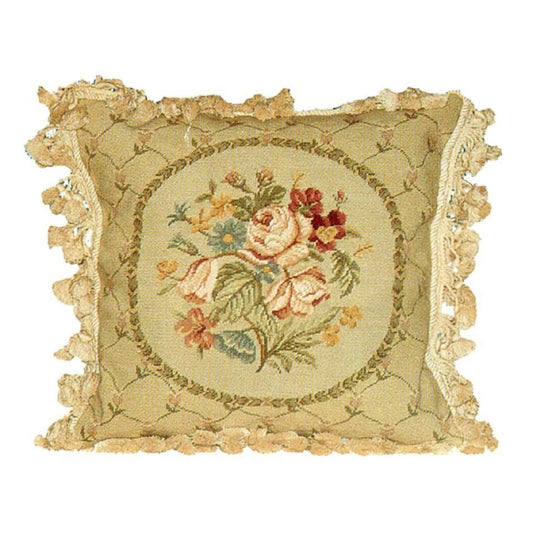 Handmade Wool Needlepoint Pillow Cover - Decorative Throw Cushion Cover - Vintage Floral Embroidery Design  floral in small leave circle with tassel