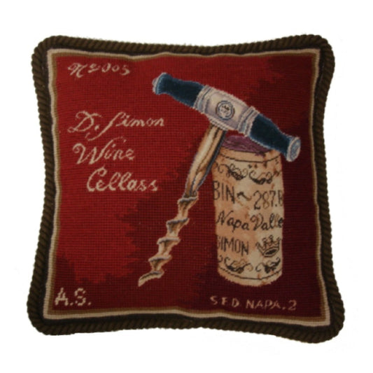 Handmade Wool Needlepoint Pillow Cover - Decorative Throw Cushion Cover - Vintage Floral Embroidery Design pin & cork red back Angela Staehling designBine 287 with cording