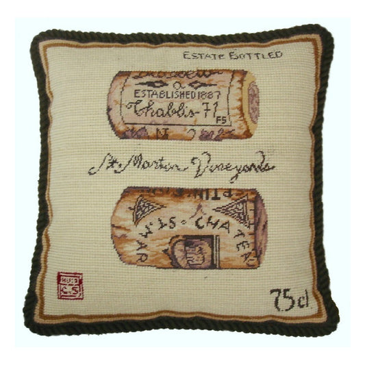 Handmade Wool Needlepoint Pillow Cover - Decorative Throw Cushion Cover - Vintage Floral Embroidery Design corks back Angela Staehling designSt Martin Vineyards with cording