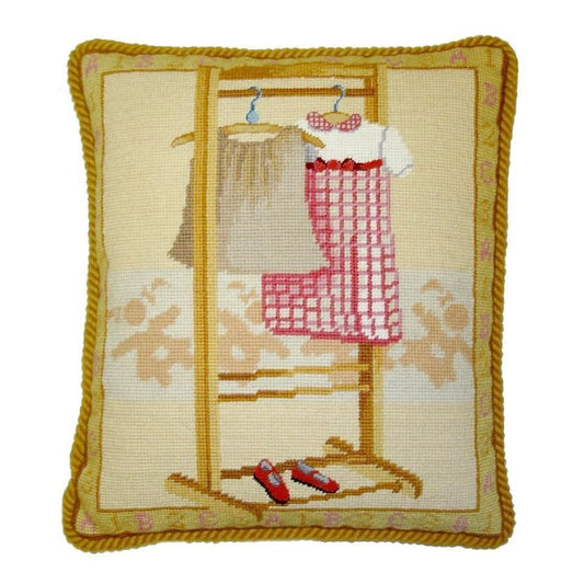 Handmade Wool Needlepoint Pillow Cover - Decorative Throw Cushion Cover - Vintage Floral Embroidery Design pink dress with gold cording