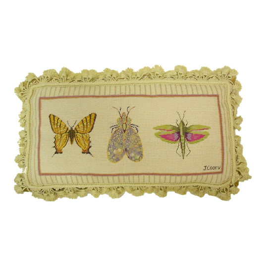 Handmade Wool Needlepoint Pillow Cover - Decorative Throw Cushion Cover - Vintage Floral Embroidery Design Jan Cooleys Bug Collection 1 insects Butterfly, Flyer, Grasshopper grosspoint background with tassels