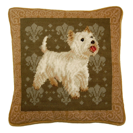Handmade Wool Needlepoint Pillow Cover - Decorative Throw Cushion Cover - Vintage Floral Embroidery Design on Westies eyes & nose rest grosspoint