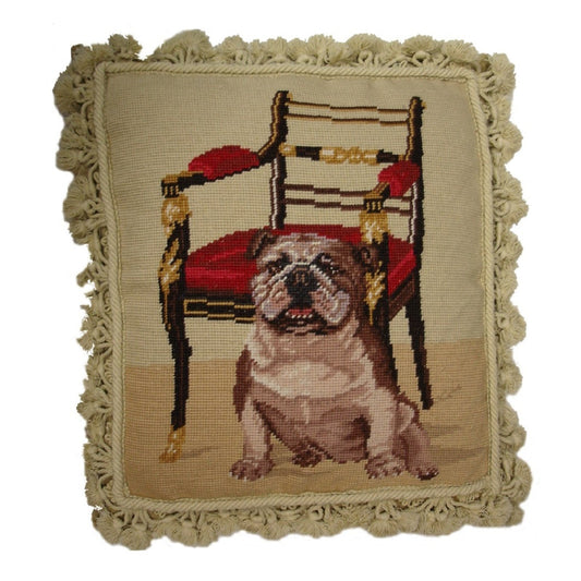 Handmade Wool Needlepoint Pillow Cover - Decorative Throw Cushion Cover - Vintage Floral Embroidery Design bull dog