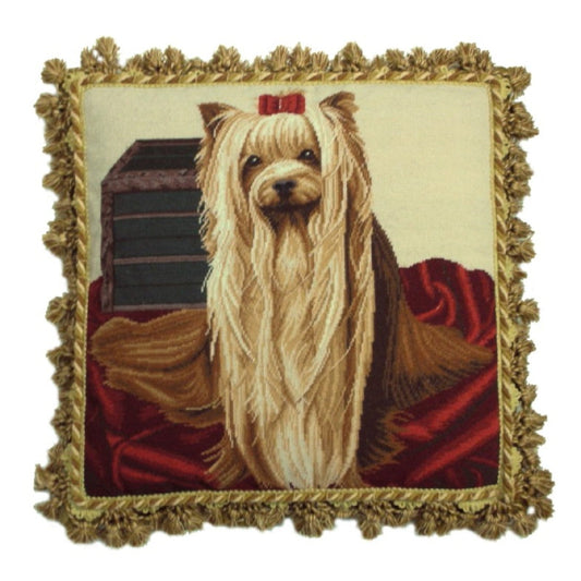 Handmade Wool Needlepoint Pillow Cover - Decorative Throw Cushion Cover - Vintage Floral Embroidery Design  Yoki-front with tassels