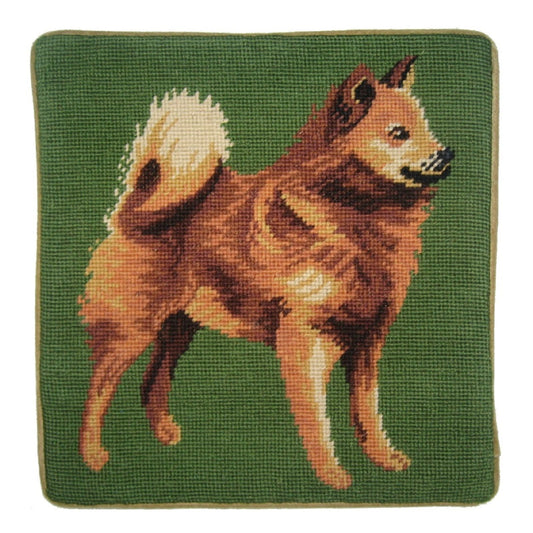 Handmade Wool Needlepoint Pillow Cover - Decorative Throw Cushion Cover - Vintage Floral Embroidery Design Finnish Spitz