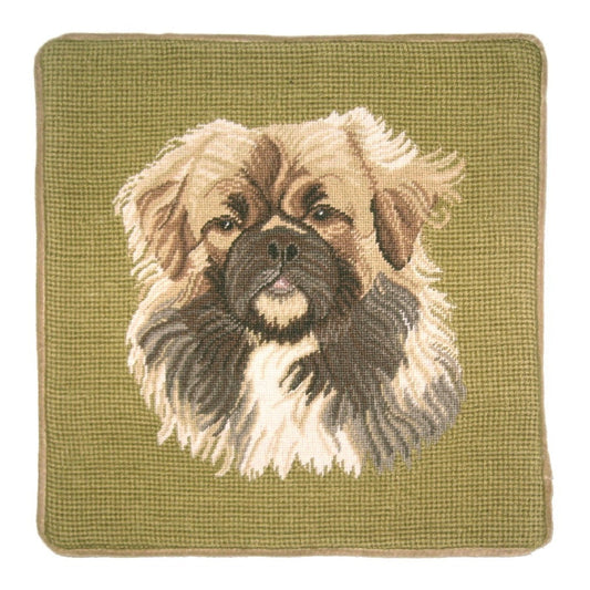 Handmade Wool Needlepoint Pillow Cover - Decorative Throw Cushion Cover - Vintage Floral Embroidery Design  Pekinese