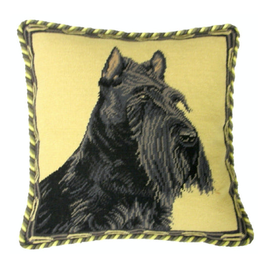 Handmade Wool Needlepoint Pillow Cover - Decorative Throw Cushion Cover - Vintage Floral Embroidery Design black Scottie with cording