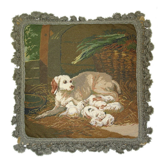 Handmade Wool Needlepoint Pillow Cover - Decorative Throw Cushion Cover - Vintage Floral Embroidery Design dog mom with puppies background with tassel