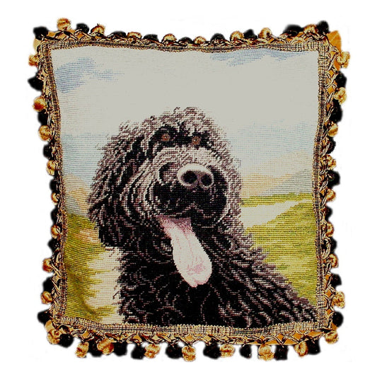 Handmade Wool Needlepoint Pillow Cover - Decorative Throw Cushion Cover - Vintage Floral Embroidery Design on WaterSpaniels face and tong others with 2 color tassels