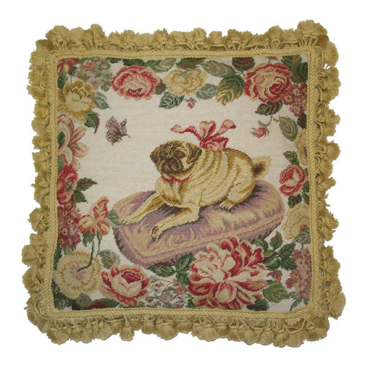 Handmade Wool Needlepoint Pillow Cover - Decorative Throw Cushion Cover - Vintage Floral Embroidery Design  Pug on the purple cushion with tassels