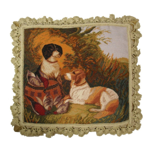 Handmade Wool Needlepoint Pillow Cover - Decorative Throw Cushion Cover - Vintage Floral Embroidery Design hunting dog & bird background with tassels