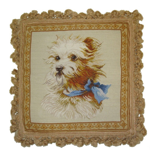Handmade Wool Needlepoint Pillow Cover - Decorative Throw Cushion Cover - Vintage Floral Embroidery Design  Terrier dog with nature tassel