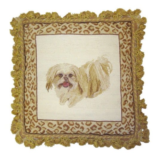 Handmade Wool Needlepoint Pillow Cover - Decorative Throw Cushion Cover - Vintage Floral Embroidery Design  playfully Shih-Tzu with animal print frame 2 color tassels
