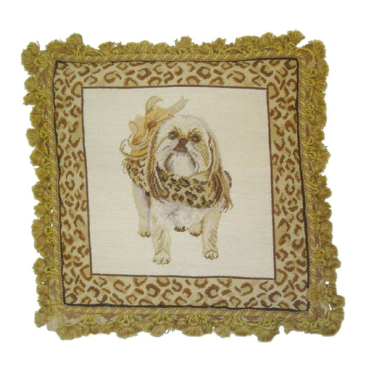 Handmade Wool Needlepoint Pillow Cover - Decorative Throw Cushion Cover - Vintage Floral Embroidery Design  Shih-Tzu ware the animal print scarf with 2 color tassel