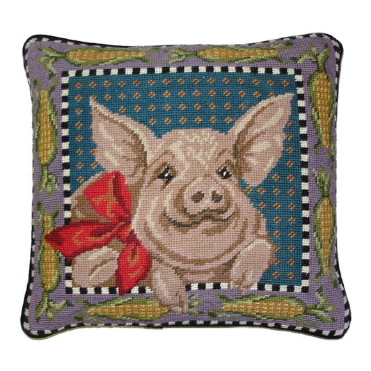 Handmade Wool Needlepoint Pillow Cover - Decorative Throw Cushion Cover - Vintage Floral Embroidery Design pig around by corn