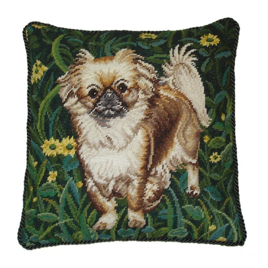 Handmade Wool Needlepoint Pillow Cover - Decorative Throw Cushion Cover - Vintage Floral Embroidery Design white Pekingness green cording