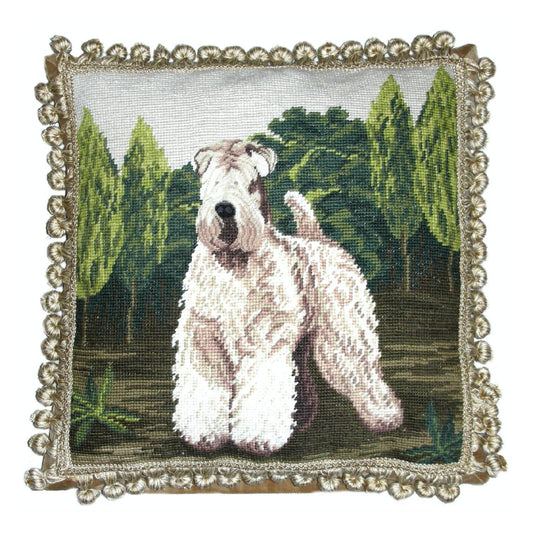 Handmade Wool Needlepoint Pillow Cover - Decorative Throw Cushion Cover - Vintage Floral Embroidery Design white Wheaten Terrie face rest with tassels