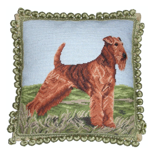 Handmade Wool Needlepoint Pillow Cover - Decorative Throw Cushion Cover - Vintage Floral Embroidery Design Airdale face and rest with tassels