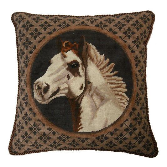 Handmade Wool Needlepoint Pillow Cover - Decorative Throw Cushion Cover - Vintage Floral Embroidery Design white horse head brown cording