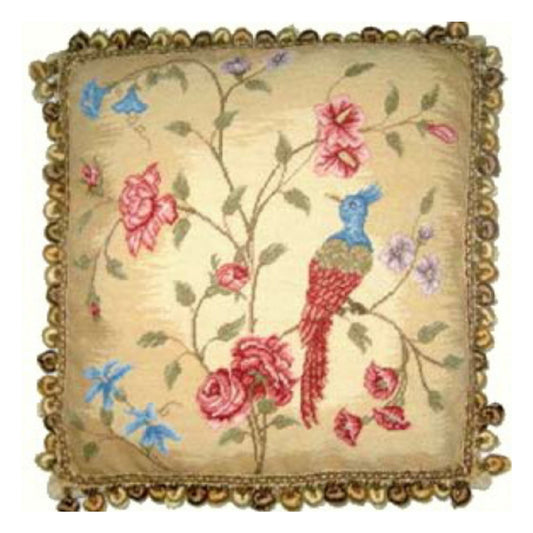 Handmade Wool Needlepoint Pillow Cover - Decorative Throw Cushion Cover - Vintage Floral Embroidery Design  red/blue phoenix & plum in blossom with 3 color tassels