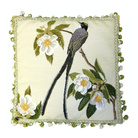Handmade Wool Needlepoint Pillow Cover - Decorative Throw Cushion Cover - Vintage Floral Embroidery Design  bird & magnolia with 2 color tassel