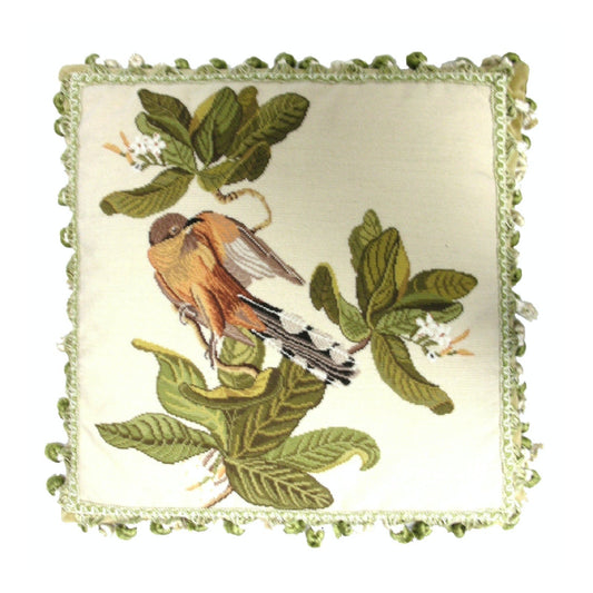 Handmade Wool Needlepoint Pillow Cover - Decorative Throw Cushion Cover - Vintage Floral Embroidery Design  bird & dogwood with 2 color tassel