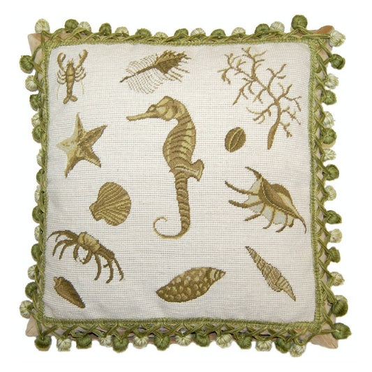 Handmade Wool Needlepoint Pillow Cover - Decorative Throw Cushion Cover - Vintage Floral Embroidery Design green sea-horse with tassels
