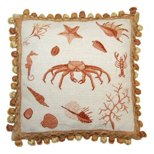 Handmade Wool Needlepoint Pillow Cover - Decorative Throw Cushion Cover - Vintage Floral Embroidery Design Fienst brown crab with tassels