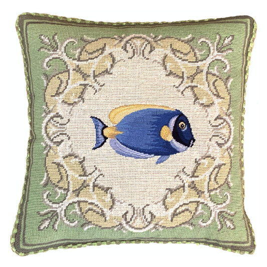 Handmade Wool Needlepoint Pillow Cover - Decorative Throw Cushion Cover - Vintage Floral Embroidery DesignFienst  tropical fish - Surgeonfish with green frame checker cording