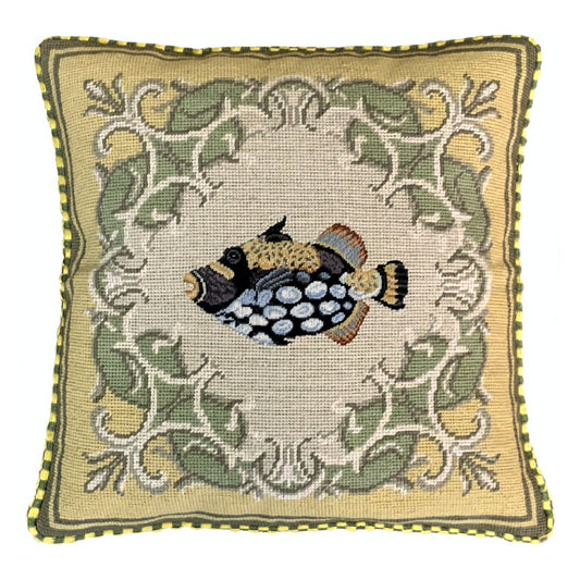 Handmade Wool Needlepoint Pillow Cover - Decorative Throw Cushion Cover - Vintage Floral Embroidery Design tropical fish-marbled grouper yellow frame checker cording