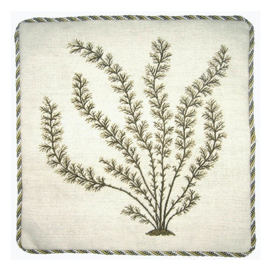Handmade Wool Needlepoint Pillow Cover - Decorative Throw Cushion Cover - Vintage Floral Embroidery Design seaweeds green Marestail with cording